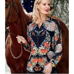 Cabi Black + Red Semi Sheer Amour Printed Long Sleeve Collared Blouse Small